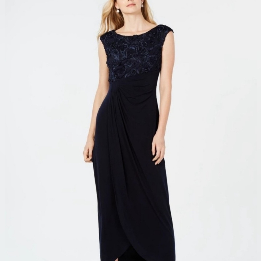 ENFOCUS STUDIO Rosette Sequin Gathered Maxi Modest Formal Prom Sleeveless Gown 6